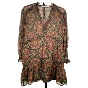 Zara women's Sheer Chiffon‎ Floral Long Sleeve Dress Size Small blouson bohemian